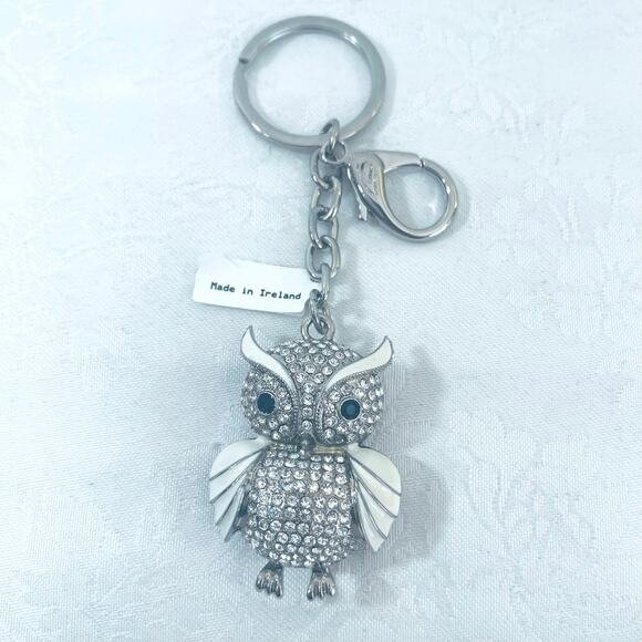 NWT KILLARNY CRYSTAL OWL Keychain Key Fob England Silver White Enamel - Picture 5 of 10